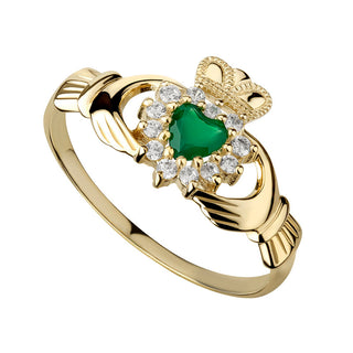 10K GOLD GREEN AGATE & CZ CLADDAGH RING