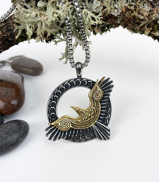 Stainless Steel Gold detailed Celtic Raven in Flight