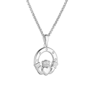 STERLING SLIVER FLUSH SET CZ CLADDAGH NECKLACE