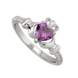 STERLING SILVER CZ CLADDAGH BIRTHSTONE RING FEBRUARY