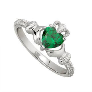STERLING SILVER CZ CLADDAGH BIRTHSTONE RING MAY