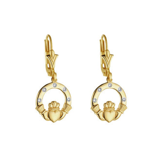 14KY FLUSH SET DIAMOND CLADDAGH DROP EARRINGS
