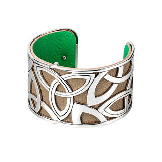 RHODIUM PLATED LEATHER WIDE TRINITY CUFF BANGLE