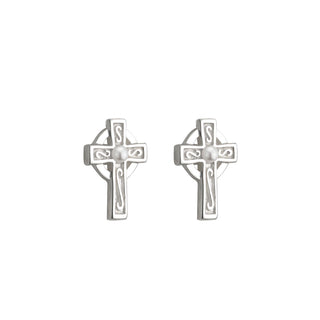 RHODIUM PLATED PEARL CROSS COMMUNION STUD EARRINGS
