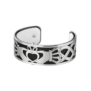 RHODIUM PLATED LEATHER CLADDAGH CUFF BANGLE