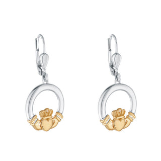 sTERLING SILVER 10K GOLD & DIAMOND CLADDAGH EARRINGS