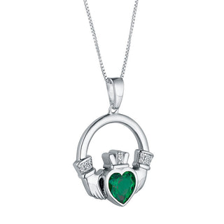 STERLING SLIVER LARGE GREEN CZ HEART CLADDAGH NECKLACE