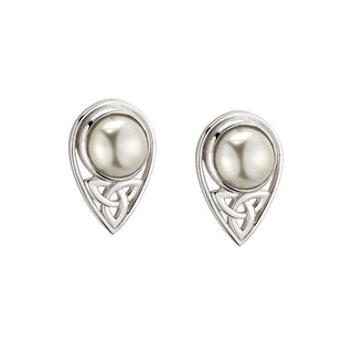 sTERLING SILVER GLASS PEARL TRINITY KNOT STUD EARRINGS