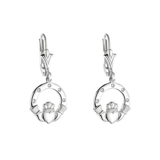 14KW FLUSH SET DIAMOND CLADDAGH DROP EARRINGS