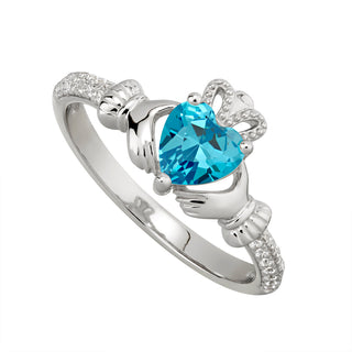 STERLING SILVER CZ CLADDAGH BIRTHSTONE RING MARCH