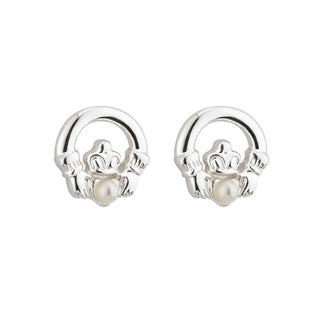 RHODIUM PLATED PEARL CLADDAGH COMMUNION EARRINGS