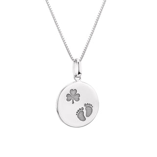 STERLING SLIVER SHAMROCK BABY FEET DISC NECKLACE