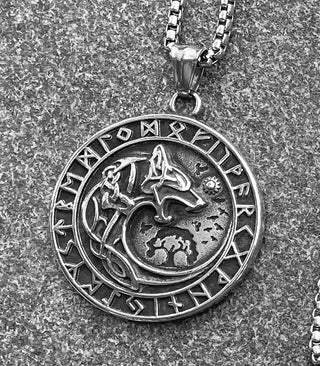 Stainless Steel Viking Wolf in Rune Circle
