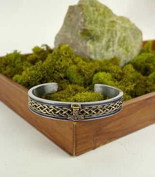 Gold  Men's Stainless Steel Cuff Bracelet with Thor's Hammer and Celtic Knot in Gold