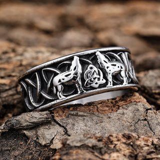 Celtic Knot Band with Twin Wolves and Tri Knot Center Band