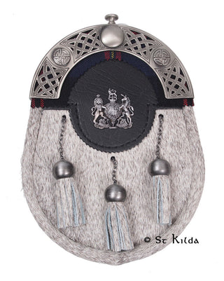 Sporran - Natural Bovine Antique Custom Badge Tartan Highlight Engraved Back