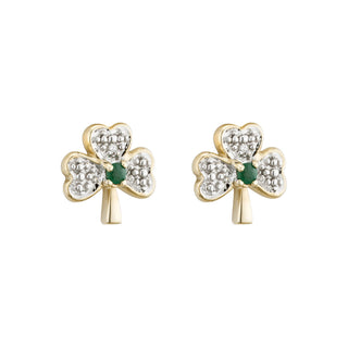 14K GOLD DIAMOND & EMERALD SHAMROCK STUD EARRINGS