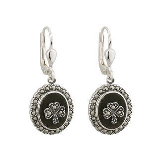 sTERLING SILVER MARBLE & MARCASITE SHAMROCK DROP EARRINGS