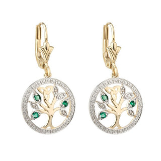 14K GOLD DIAMOND & EMERALD TREE OF LIFE DROP EARRINGS