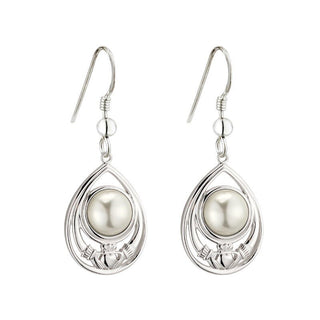 sTERLING SILVER GLASS PEARL CLADDAGH DROP EARRINGS