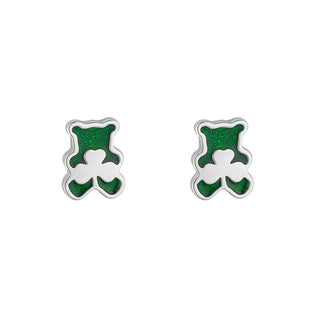 sTERLING SILVER ENAMEL SHAMROCK TEDDY BEAR STUD EARRINGS