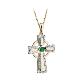 10K DIAMOND & EMERALD CROSS NECKLACE