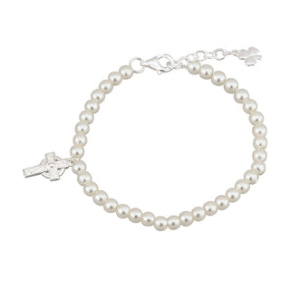RHODIUM PLATED PEARL CROSS COMMUNION BRACELET