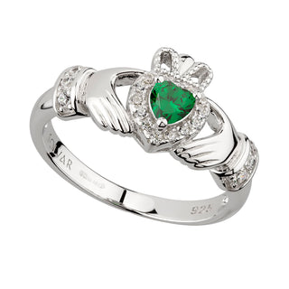 STERLING SILVER GREEN CZ HEART CLADDAGH RING