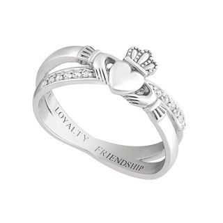 STERLING SILVER CRYSTAL CLADDAGH CROSSOVER RING